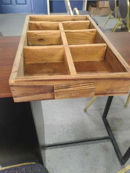 Vintage wooden drawer with seven dividers,.