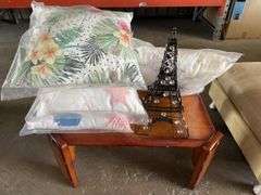Timber Coffee Table, Cushions and Decorative Piece