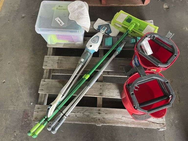 Pallet Assorted Cleaning Accessories inc Buckets and Mops