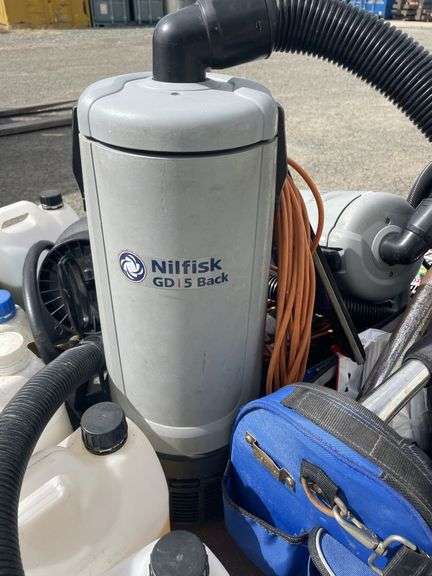 2x Nilfisk GD5 Back Vacuum Cleaner and carpet cleaning accessories