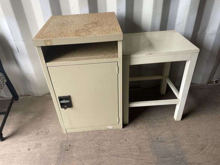White Stool & Metal Cabinet