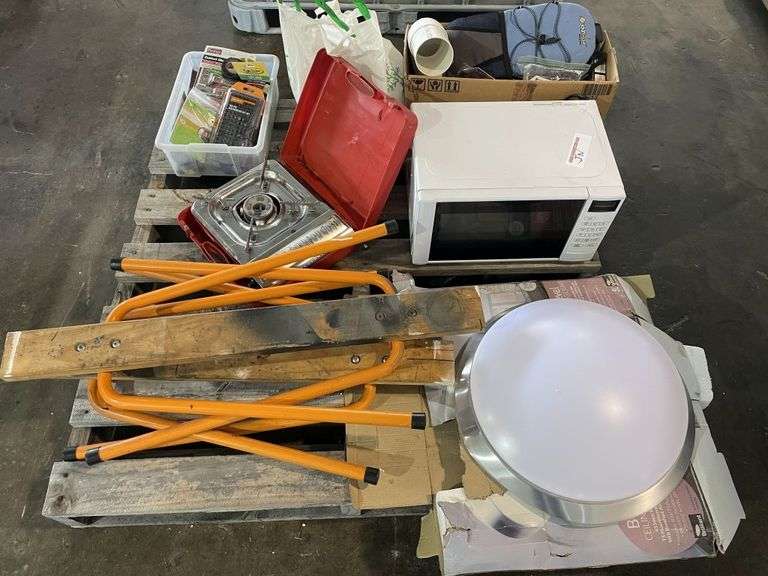 Pallet Assorted Sundries inc Lights, Microwave, Saw Stools etc