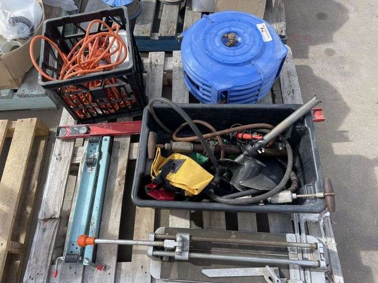 Pallet inc Hose Reel, Power Leads, Tile Cutter etc
