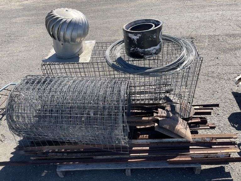 Pallet inc Pet Cage, Whirly Bird, Wire, Shovels and Pickets
