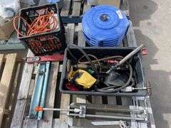 Pallet inc Hose Reel, Power Leads, Tile Cutter etc