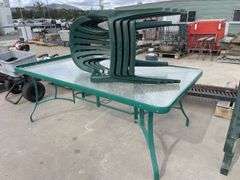 Outdoor Glasstop table and Plastic Stacker Chairs