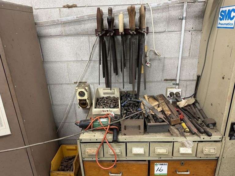 Bin Storage Rack inc Assorted Bolts, Handheld Tooling, Gauges etc