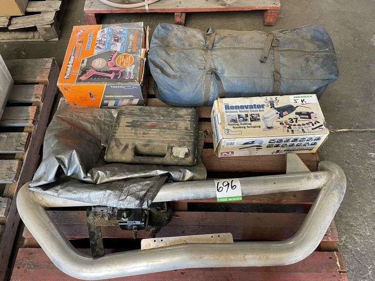 Pallet inc Delphi Motor Scanner, Renovator Tool, Bullbar, Twist-A-Saw, Tarp and Camp Gear
