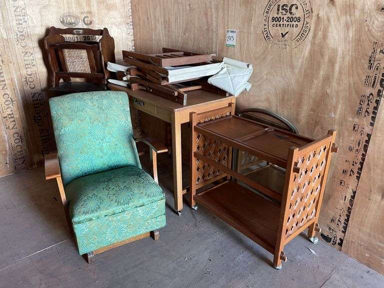 Assorted Furniture inc Green Rocking Chair, Mag Rack, Servery Trolley, Office Desk, Folding Chairs