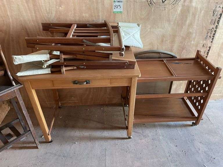 Assorted Furniture inc Green Rocking Chair, Mag Rack, Servery Trolley, Office Desk, Folding Chairs