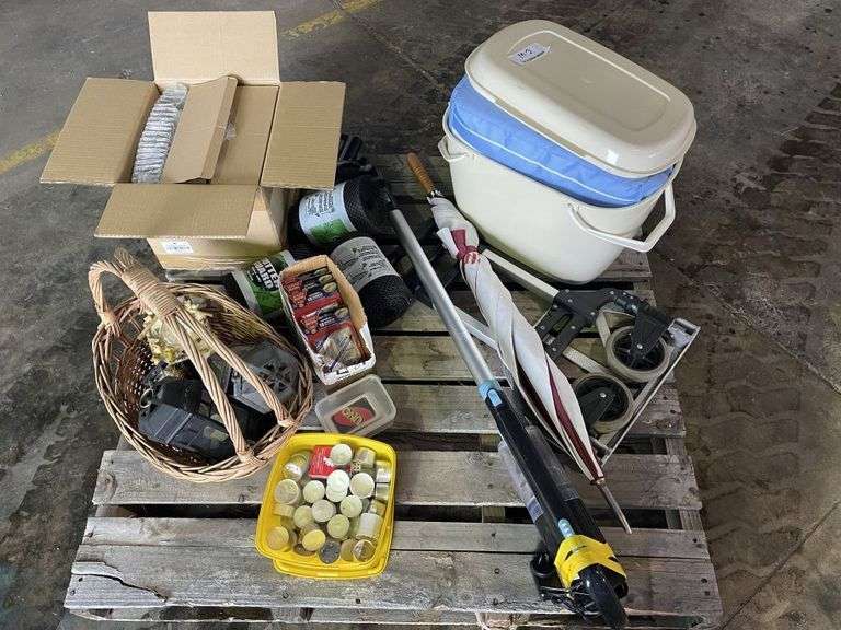 Boxes Of Chargers, Plastic Tub, Cooler Esky, Gutter Guard, Stick Vac & Trolley etc