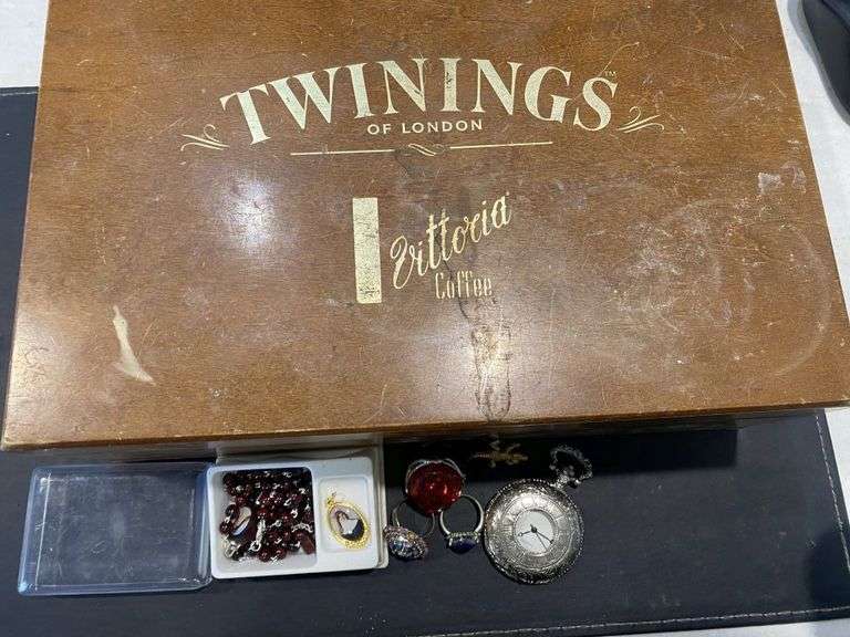 Vintage Tea Box inc Rosary Beads, Charms, Clip on Earrings, Quartz Pocket Watch