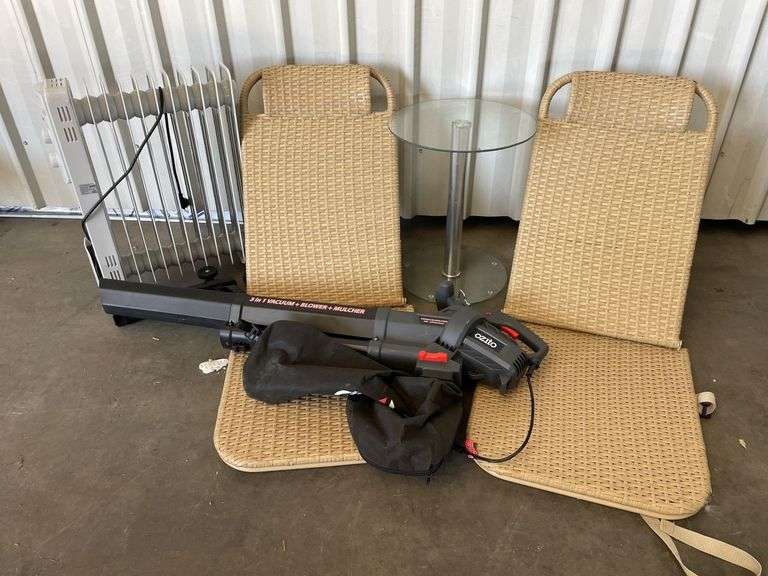 Adjustable Beach Chairs, Ozito Electric Blower, Oil Heater and Glass Table