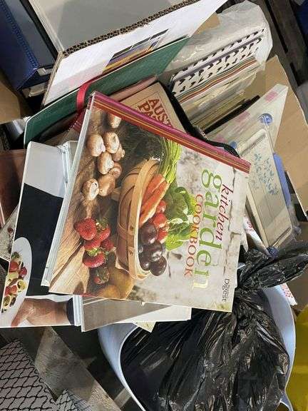 Pallet inc Office Binders, Pots, Iron and Multiple Cookbooks Assorted Books