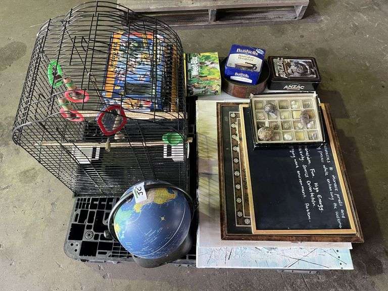 Pallet inc Prints/painting, Globe, Bird Cage, Tins & Games