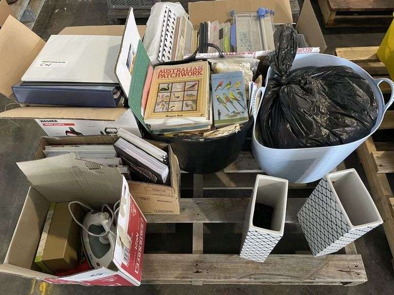 Pallet inc Office Binders, Pots, Iron and Multiple Cookbooks Assorted Books