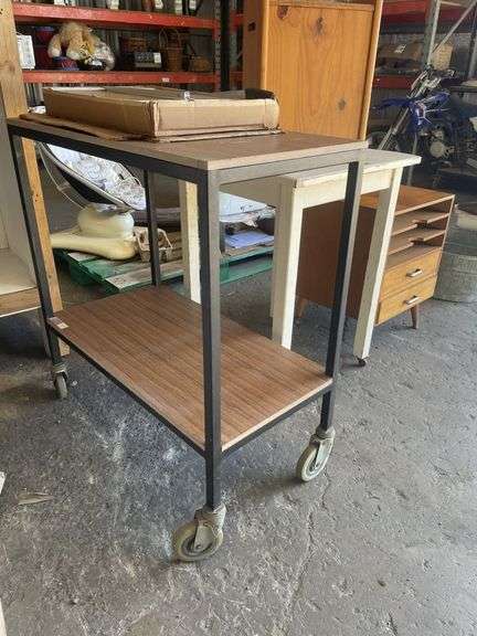 Assorted Furniture inc Mobile Tables, Bedside Table, Guilotine and Timber Box