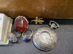 Vintage Tea Box inc Rosary Beads, Charms, Clip on Earrings, Quartz Pocket Watch