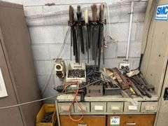 Bin Storage Rack inc Assorted Bolts, Handheld Tooling, Gauges etc