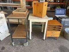 Assorted Furniture inc Mobile Tables, Bedside Table, Guilotine and Timber Box