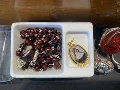 Vintage Tea Box inc Rosary Beads, Charms, Clip on Earrings, Quartz Pocket Watch