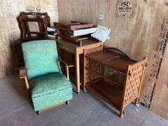 Assorted Furniture inc Green Rocking Chair, Mag Rack, Servery Trolley, Office Desk, Folding Chairs