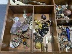 Vintage Tea Box inc Rosary Beads, Charms, Clip on Earrings, Quartz Pocket Watch