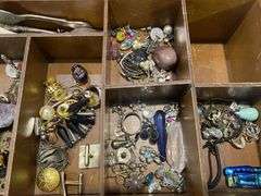Vintage Tea Box inc Rosary Beads, Charms, Clip on Earrings, Quartz Pocket Watch