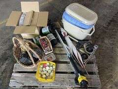 Boxes Of Chargers, Plastic Tub, Cooler Esky, Gutter Guard, Stick Vac & Trolley etc