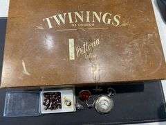Vintage Tea Box inc Rosary Beads, Charms, Clip on Earrings, Quartz Pocket Watch