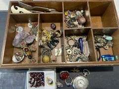 Vintage Tea Box inc Rosary Beads, Charms, Clip on Earrings, Quartz Pocket Watch