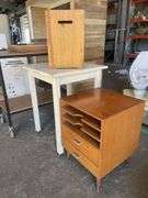 Assorted Furniture inc Mobile Tables, Bedside Table, Guilotine and Timber Box