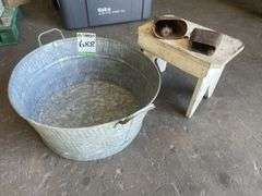 Tin Wash Tub, Stool and Cow Bells