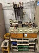Bin Storage Rack inc Assorted Bolts, Handheld Tooling, Gauges etc
