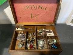Vintage Tea Box inc Rosary Beads, Charms, Clip on Earrings, Quartz Pocket Watch