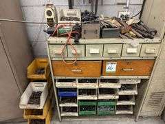 Bin Storage Rack inc Assorted Bolts, Handheld Tooling, Gauges etc