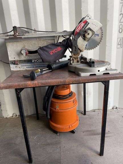 Table, Ryobi Saw Bench & Drop Saw, Vacuum & Kids Golf Clubs