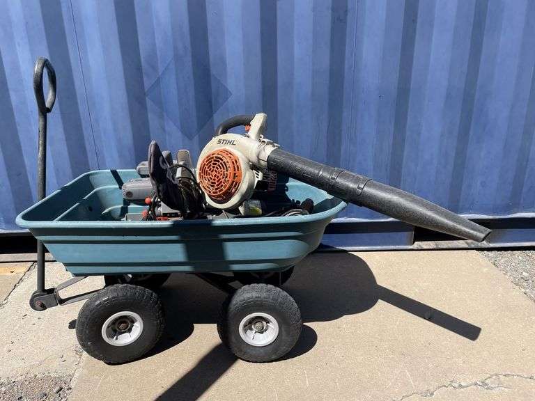 Garden Barrow inc Stihl Blower, Dropsaw and Drill