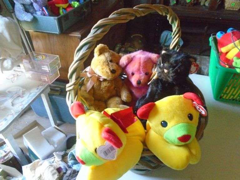 CASH ONLY -- 5 Large TY Beanie Babies: 4 Bears and 1 Cat in Basket