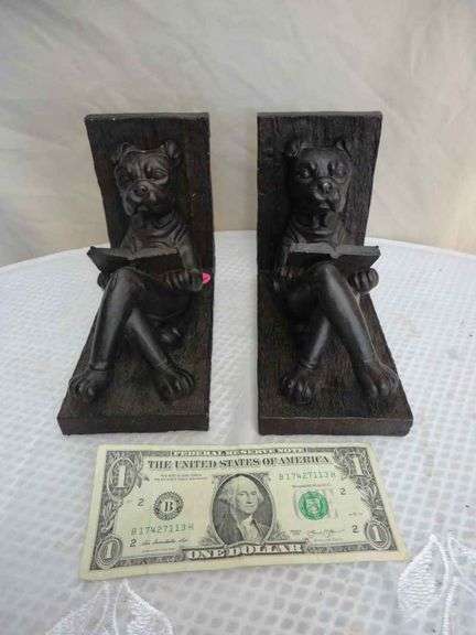 2 BULL DOG READING BOOK ENDS DARK BROWN RESIGN 7 INCH