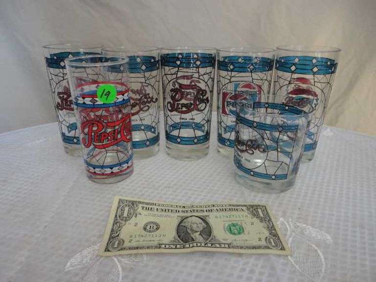 SET 7 VNTG PEPSI COLA STAINED GLASS ASSORTED SIZE