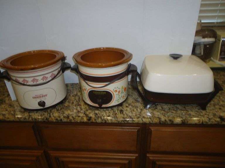 Cash Only.  2 vintage crock pots, no lids and electric skillet.  (K)