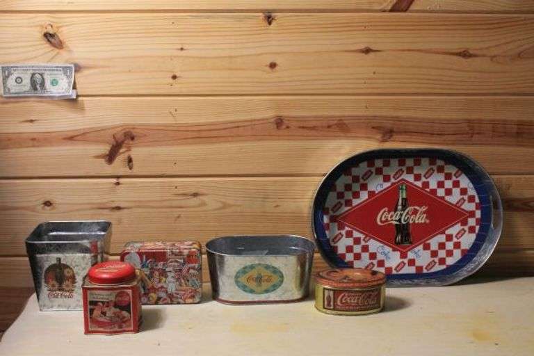 CocaCola Serving Tray, Galvanized Square and Oval Planters and 3 Tins