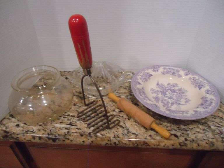 Cash Only.  Vintage lot, Rexall bowl, rolling pin etc.  (K)