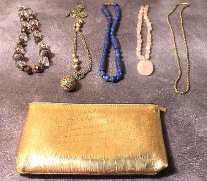 Very Pretty Costume Jewelry Necklaces and Este Lauder Gold Cosmetic Bag
