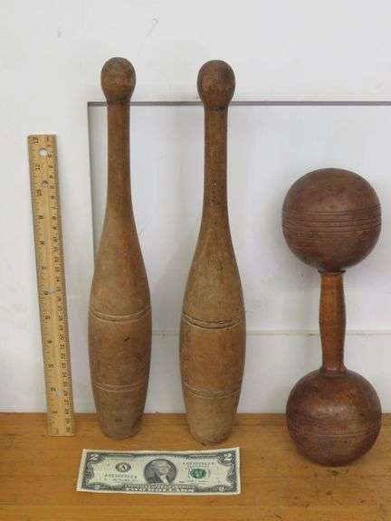Vintage Wooden Juggling Pins and Dumbbell as shown