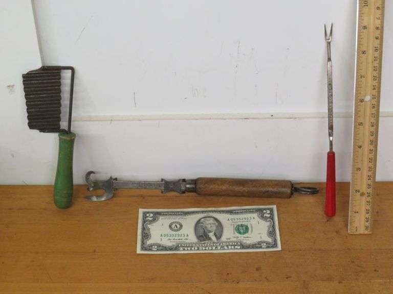 Three Vintage Kitchen Tools including Sure-Cut Can Opener Pat. 7-10-04