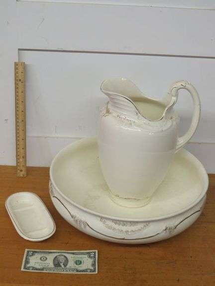 Matching Wash Basin, Pitcher and (cracked/repaired) Soap Dish with Gold Trim as shown
