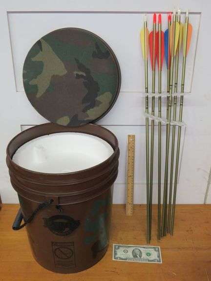 Camp Bucket Stool with Swivel Seat and Styrofoam Cooler Insert, with Seven Arrows as shown