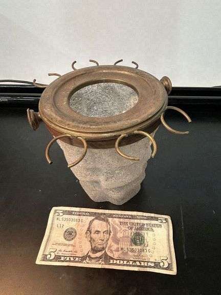 UNIQUE CRACKELED GLASS AND BRASS ODDITY-POSSIBLY VINTAGE ICE BUCKET BUT NOT COMPLETE